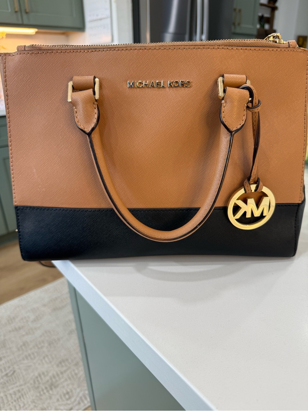 Michael Kors Tan Black Colorblock Satchel Shoulder Bag MK Charm